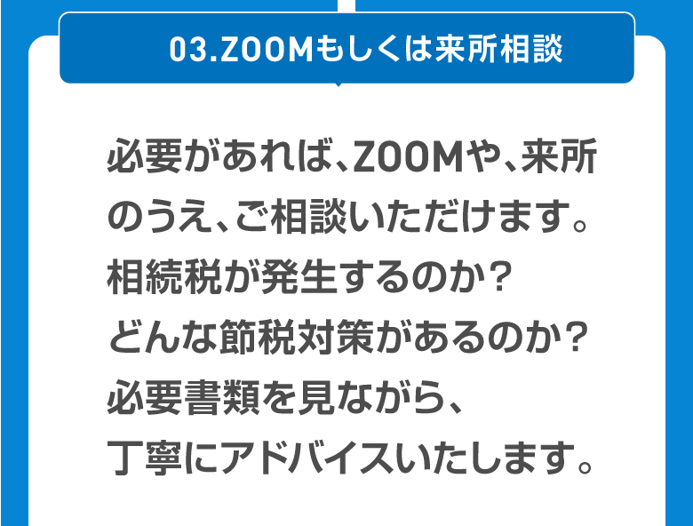 03.ZOOMもしくは来所相談 必要があれば、ZOOMや、来所のうえ、ご相談いただけます。相続税が発生するのか？どんな節税対策があるのか？必要書類を見ながら、丁寧にアドバイスいたします。