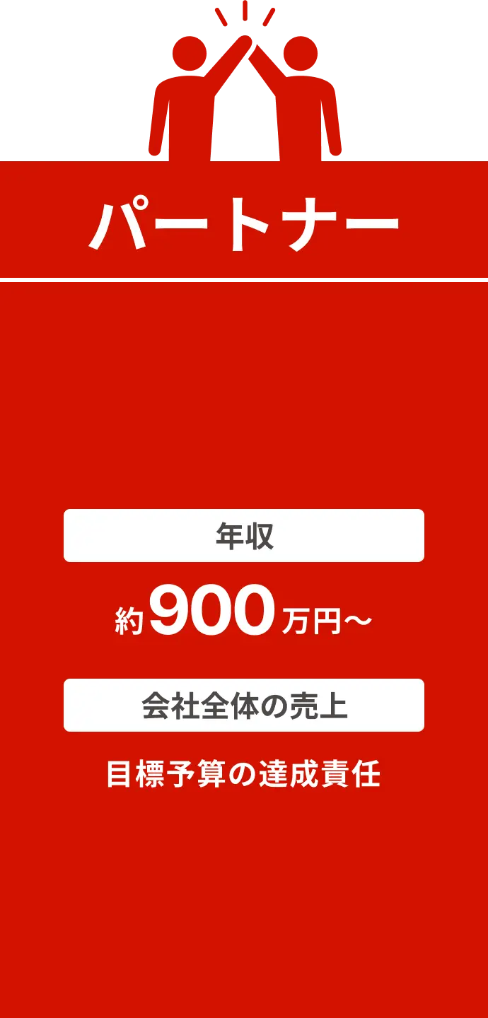 マネージャー：年収→約900万円~ 、目標予算の達成責任→会社全体の売上